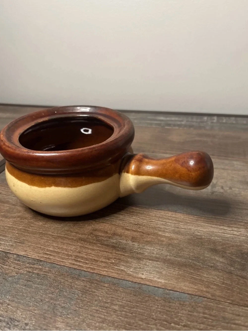 Rustic Brown Ceramic Fondue or Sauce Pot with Handle